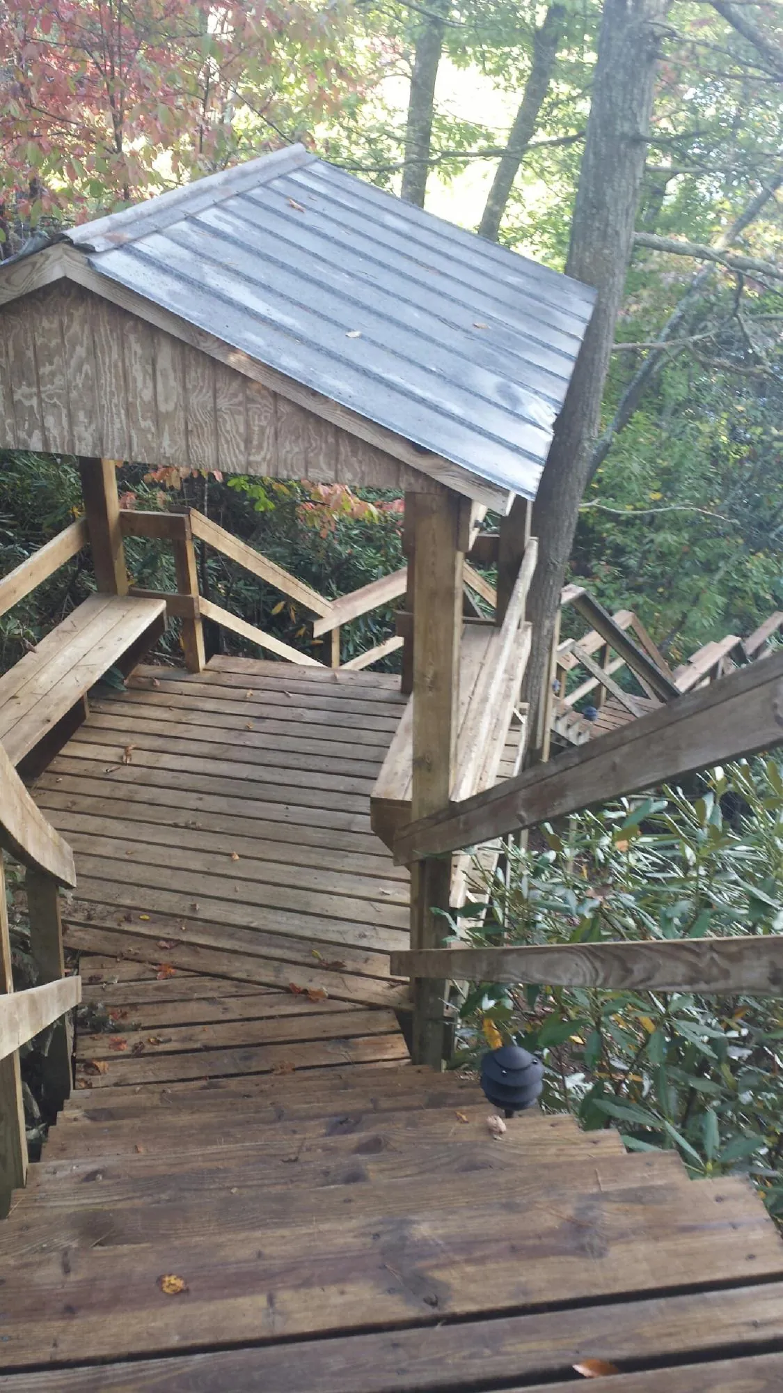 Metal roofed shelter over wooden steps on a wooded walkway — Skylight Repair & Installation work by our crew in North Beach